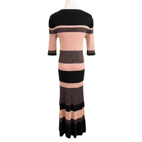 MASSIMO DUTTI BLACK BRONZE GOLD PINK METALLIC STRIPED MIDI RIBBED KNIT DRESS - L - Picture 3 of 7